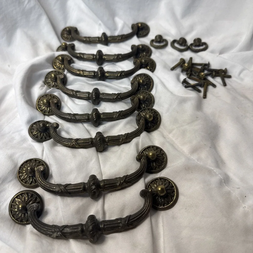 Lot vintage Drop bail dresser pulls Antique Brass Bronze Ornate 8 Handles 3 ring